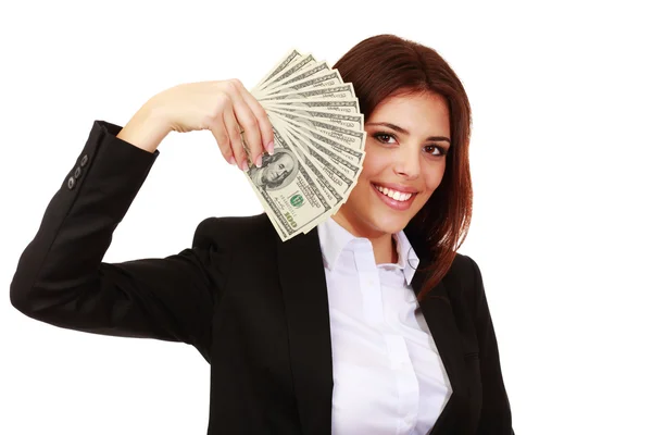 Businesswoman holding stack of dollars — Stock Photo, Image