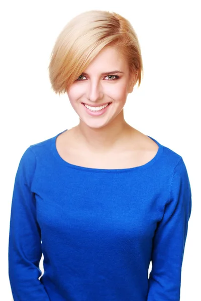 Kobieta w niebieski sweter — Zdjęcie stockowe