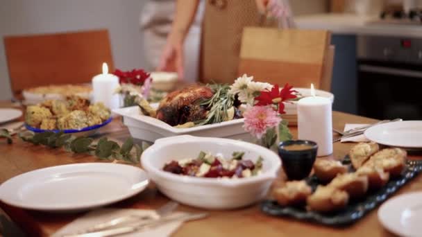 Cropped View Women Decorating Holiday Table Thanksgiving Day — Stock Video