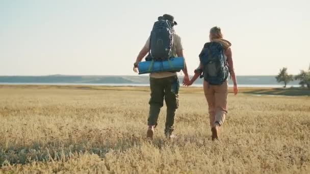 Vista Posterior Los Turistas Guapos Pareja Señalando Dedo Los Lados — Vídeo de stock