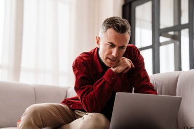 Evde kanepede otururken laptopla çalışan yakışıklı adam.