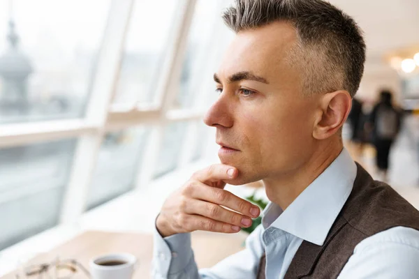 Confident Pensive Business Man Cafe Indoors Close — Stock Photo, Image