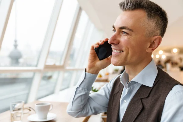 Confident Happy Handsome Businessman Using Smartphone Cafe Indoors — Stock Photo, Image