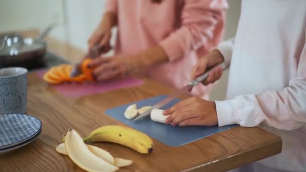 キッチンで母と娘の手のスライスフルーツのクローズアップビュー — ストック動画