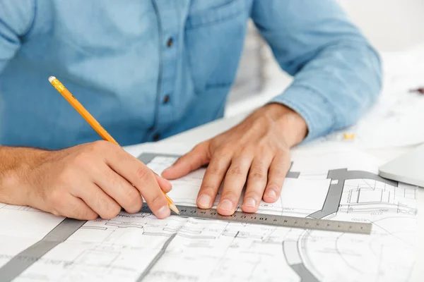 Young Architect Wearing Denim Shit Working Drawing Office Indoors — Stockfoto