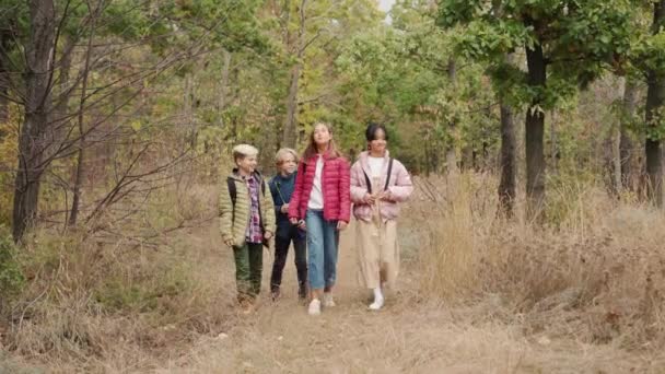 Parkta Yürüyen Pozitif Çokuluslu Bir Grup Çocuk — Stok video