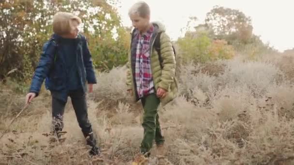 Deux Enfants Hommes Recherche Quelque Chose Dans Herbe Dans Parc — Video