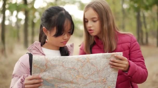 Two Concentrated Little Girls Looking Map Park — Stock Video