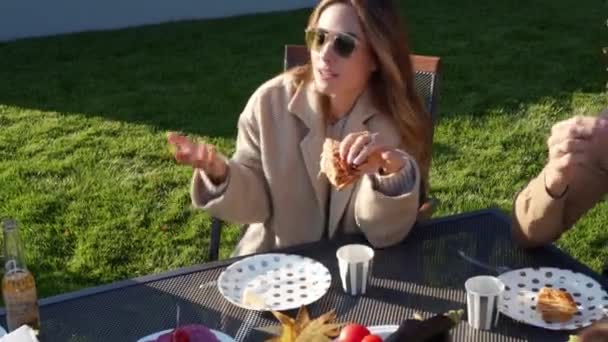 Schöne Frau Mit Brille Gespräch Mit Ihren Freunden Beim Picknick — Stockvideo