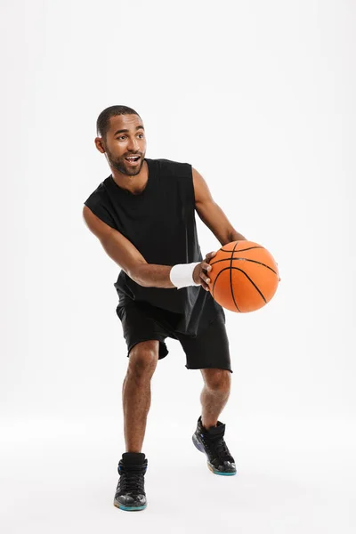 Young Black Sportsman Playing Basketball While Working Out Isolated White — Stock Photo, Image