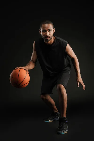 Young Bristle Sportsman Playing Basketball While Working Out Isolated Black — Stock Photo, Image