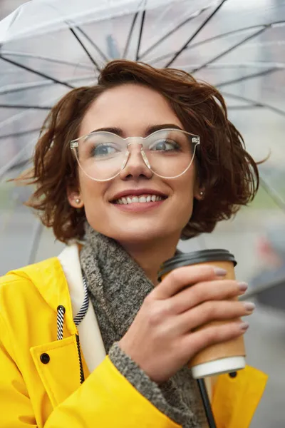 Young Girl Yellow Raincoat Transparent Umbrella City Young Beautiful Woman — Stock Photo, Image