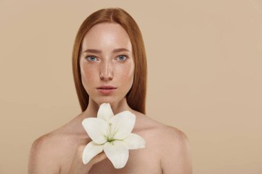 Kızıl saçlı, beyaz, çıplak omuzlu kız, Lily 'nin çiçeğini tutuyor. Genç, güzel, kızıl saçlı, çilli bir kadın. Doğal kadın güzelliği kavramı. Stüdyoda bej arka planda izole edilmiş.