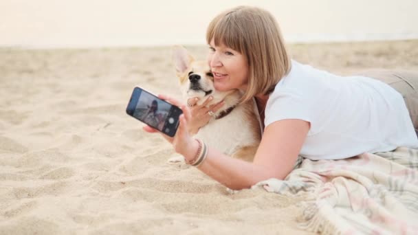 Szczęśliwy Dojrzałe Kobieta Zdjęcia Przez Telefon Jej Corgi Piasku — Wideo stockowe