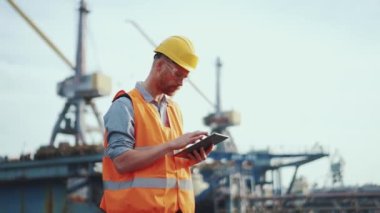 Tablette yazan üniformalı bir gemi yapımcısının yan görüntüsü.