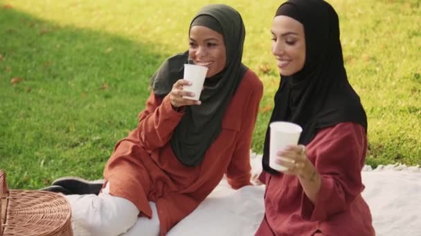 Twee Lachende Moslimvrouwen Drinken Terwijl Buiten Een Picknickdeken Zitten — Stockvideo