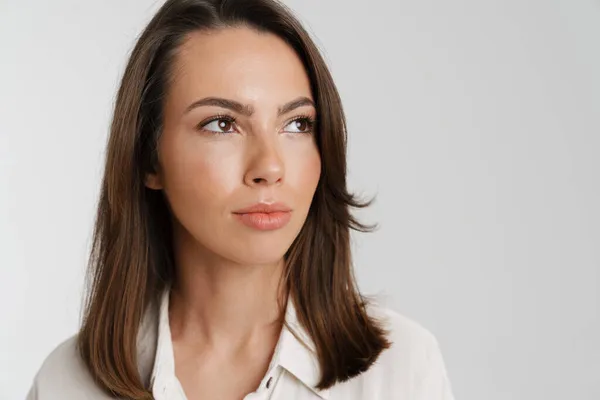 Young European Woman Brown Hair Posing Looking Aside Isolated White — Stock Photo, Image