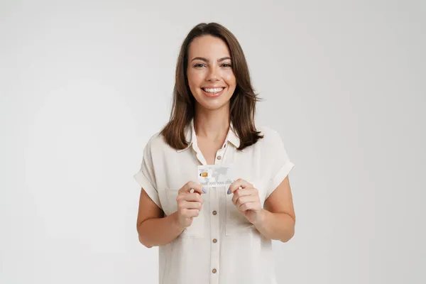 Young European Woman Smiling While Showing Credit Card Isolated White — Stock Photo, Image