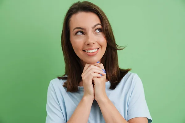 Young European Woman Shirt Smiling Looking Aside Isolated Green Background — Stock Photo, Image