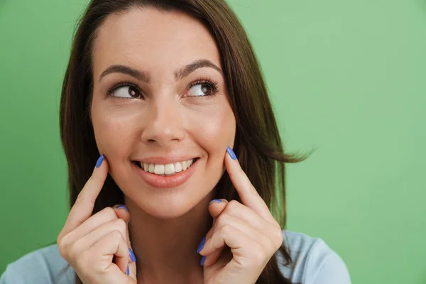 Young European Woman Shirt Smiling Pointing Finger Her Cheeks Isolated — Stock Photo, Image