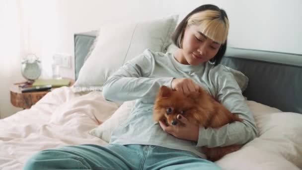 Yakışıklı Asyalı Kadın Köpeğini Yatakta Okşuyor — Stok video