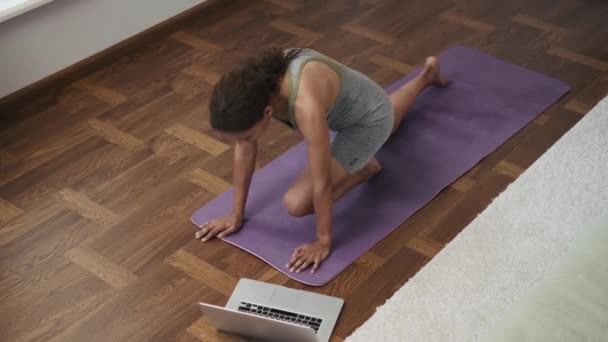 Afrikalı Bir Kadın Laptopta Yoga Yapıyor Evde Yapıyor — Stok video