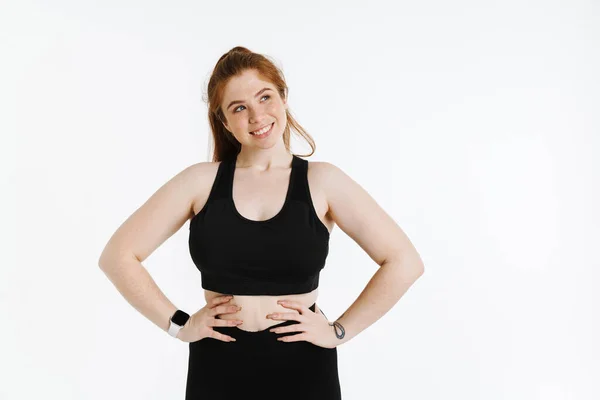 Young Ginger Woman Smiling While Holding Her Hands Waist Isolated — Stock Photo, Image