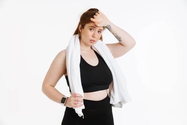 Moe Uitgeput Jong Size Fitness Vrouw Sportkleding Staande Witte Achtergrond — Stockfoto