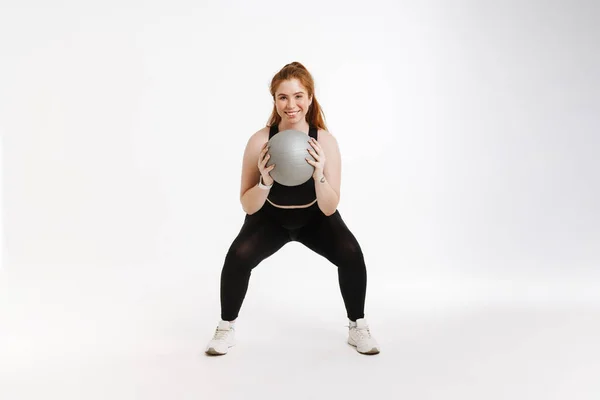 Sorrindo Jovem Size Fitness Mulher Sportswear Sobre Fundo Branco Exercício — Fotografia de Stock