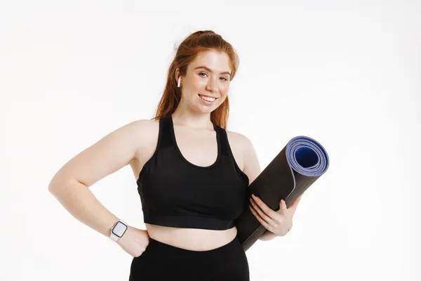 Lachende Jonge Size Fitness Vrouw Sportkleding Staande Witte Achtergrond Dragen — Stockfoto