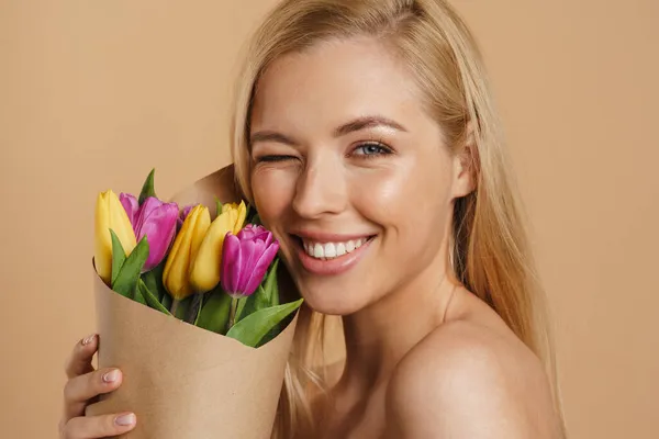 Happy Young Blonde White Woman Long Hair Standing Beige Background — Stock Photo, Image