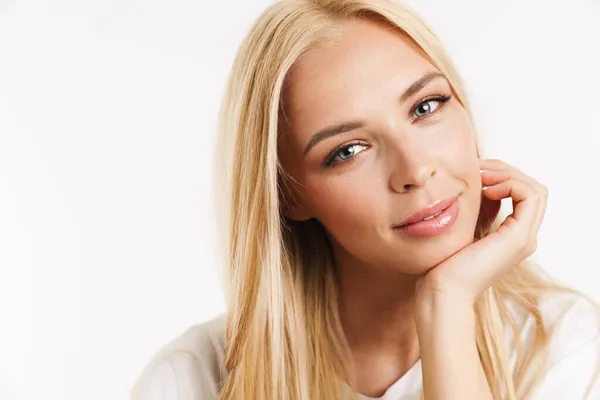Young Blonde Woman Shirt Smiling Looking Camera Isolated White Background — Stock Photo, Image
