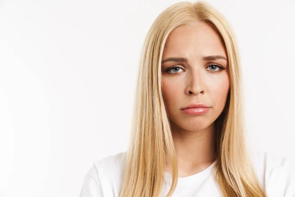 Young Blonde Woman Shirt Frowning Looking Camera Isolated White Background — Stock Photo, Image