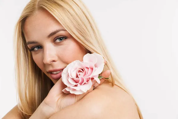 Half Naked Young Blonde Woman Posing Pink Rose Isolated White — Stock Photo, Image