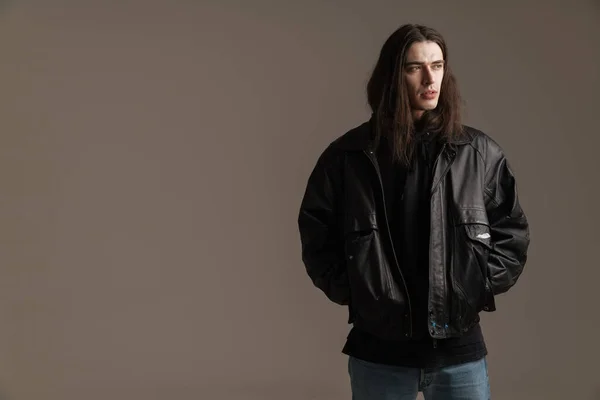 Young Fashionable White Man Wearing Leather Jacket Standing Posing Looking — Stock Photo, Image