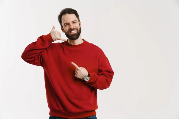 Brunette White Man Smiling Showing Handset Gesture Isolated White Background — Stock Photo, Image