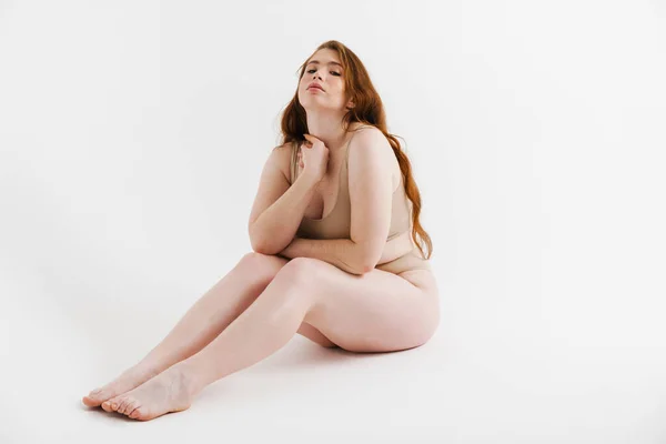 Young White Size Woman Wearing Lingerie Sitting Floor Isolated Background — Stock Photo, Image