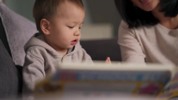 Feliz Chico Asiático Jugando Con Libro Casa — Vídeos de Stock