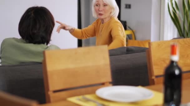 Lachende Volwassen Vrouw Praten Met Haar Vriend Bank Thuis — Stockvideo