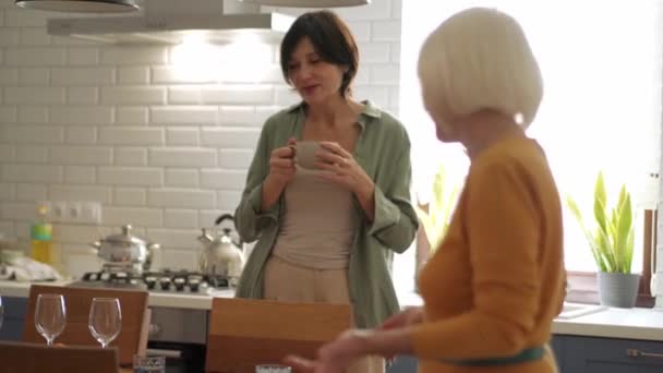 Happy Mature Women Talking Kitchen — Stock Video