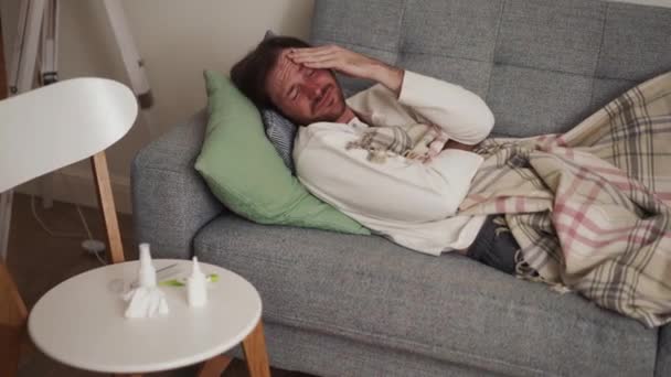 Sad Long Haired Man Suffering Headache Home — Stock Video