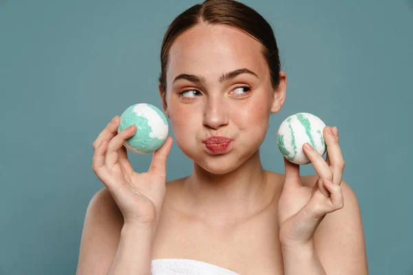 Porrait Young White Woman Holding Two Bath Bombs Her Face — Stock Photo, Image