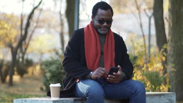 非洲男子在户外公园用电话打字 — 图库视频影像