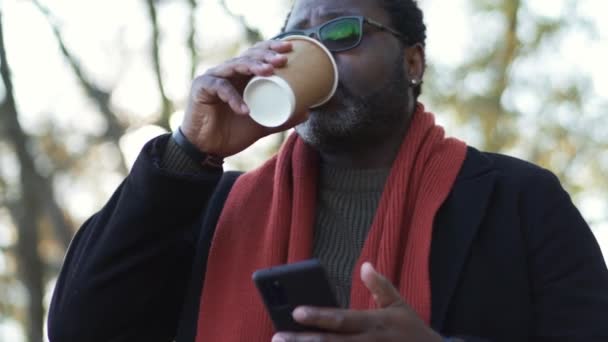 Sorrindo Homem Africano Bebendo Café Parque Livre — Vídeo de Stock