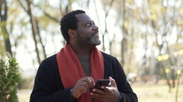 Hombre Africano Feliz Mirando Alrededor Teléfono Parque Aire Libre — Vídeo de stock