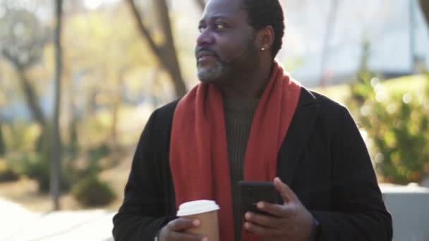 Koncentrerad Afrikansk Man Tittar Runt Och Telefon Parken Utomhus — Stockvideo