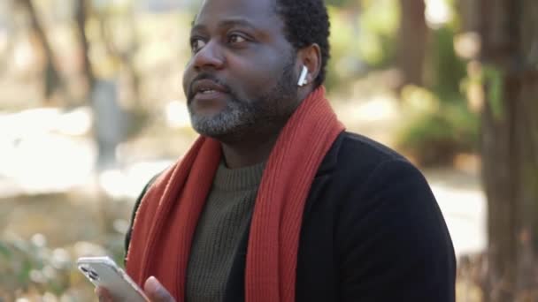 集中注意力的非洲男人在户外公园用耳机交谈 — 图库视频影像