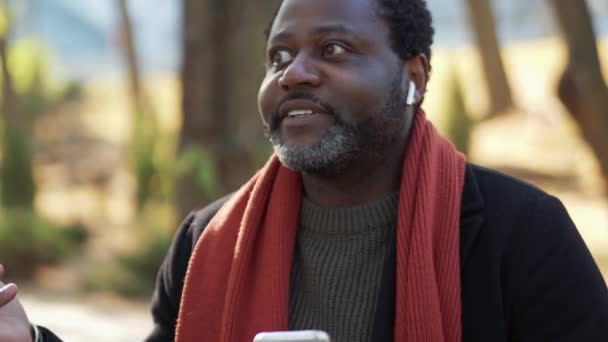 Positiver Afrikaner Spricht Park Freien Mit Kopfhörern — Stockvideo