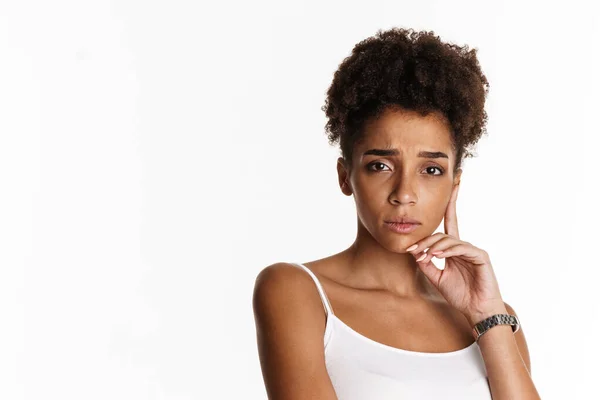 Young Black Woman Tank Top Frowning Looking Camera Isolated White — ストック写真