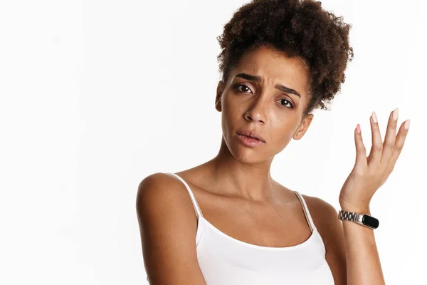 Young Black Woman Tank Top Frowning Gesturing Camera Isolated White — 图库照片
